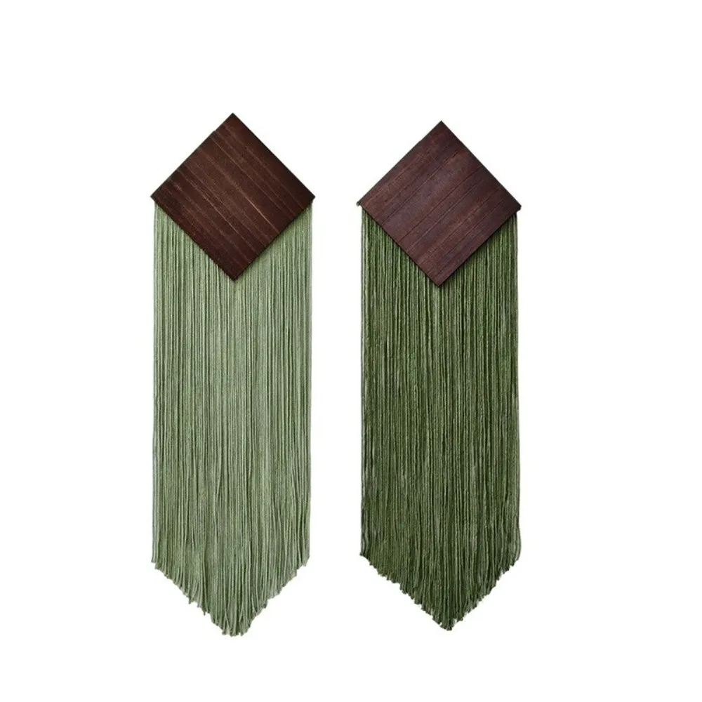 Bohemian Woven Tapestry Handmade Wooden Board Tassel Tapestry with Trailing Fringe Cotton Rope Wall Background Decor