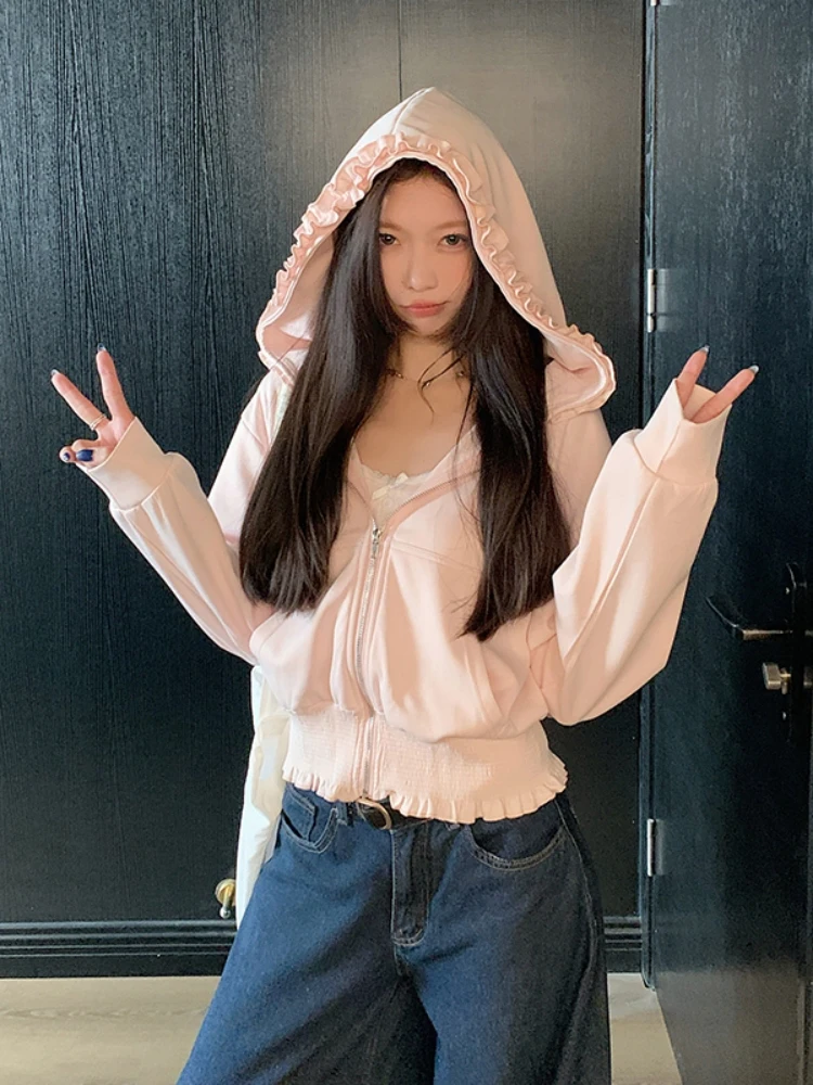 Sweat à capuche coréen doux Anti-âge avec fermeture éclair Jaet femmes printemps automne Faion vêtements d'extérieur oreille en bois longue Sve ouvert Cardigan haut