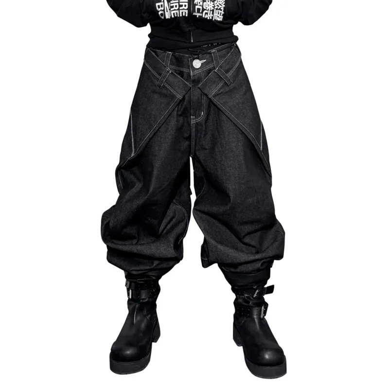HKSH 2026 Spring Autumn Winter New Men Dark Punk Oversized Button Fold Wide Leg Baggy Denim Pants Chic Ins Vintage Jeans HK17720