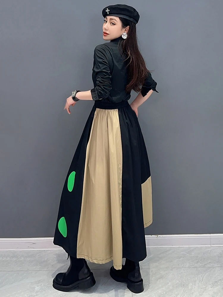 SHENGPALAE Dot Printed Skirt For Women Patchwork Contrast Color Elegance Chic Elastic Waist A-line Skirts Spring 2024 New 5R9474