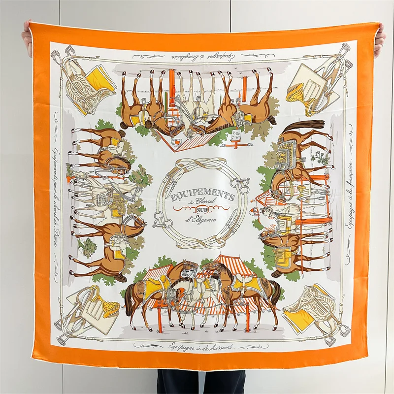 

Шелковый платок Horse Satin 110 см, люксовый дизайнерский квадратный платок с подвернутыми краями, бандана, фулярд, аксессуар для волос, подарок для любимого человека