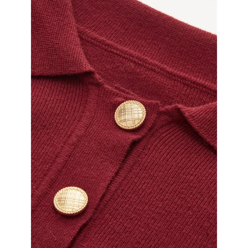 티나 새해 레드 니트 티셔츠 여성용 2025 가을 겨울 슬림 웨이스트 폴로넥 랜턴 슬리브 홀리데이 파티 197739