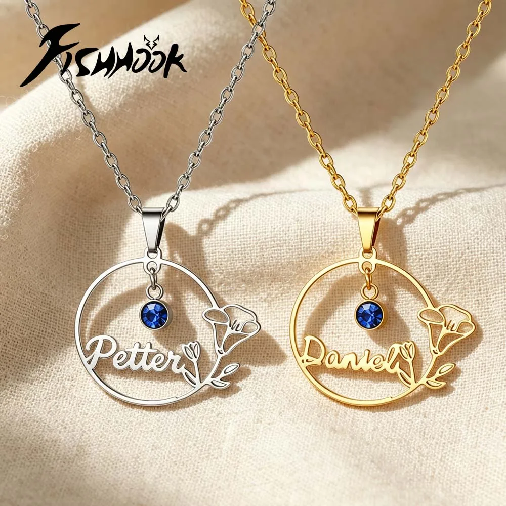 Flower Birthstone Custom Necklace Name Personalized Pendant Birthday Gift For Women Men Couple Stainless Steel Chain Jewelry