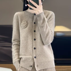 Primavera e autunno nuovo 100% lana merino cashmere maglione cardigan da donna sciolto moda girocollo cappotto lavorato a maglia top