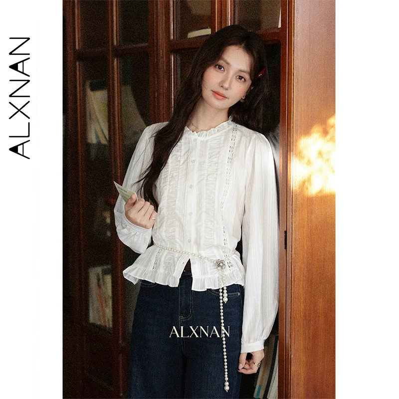 ALXNAN White Shirt Women 2025 Fall Wood Ear Long Sleeve Cotton 100% Blouses Casual Elegant Office Lady Tops Female L57238