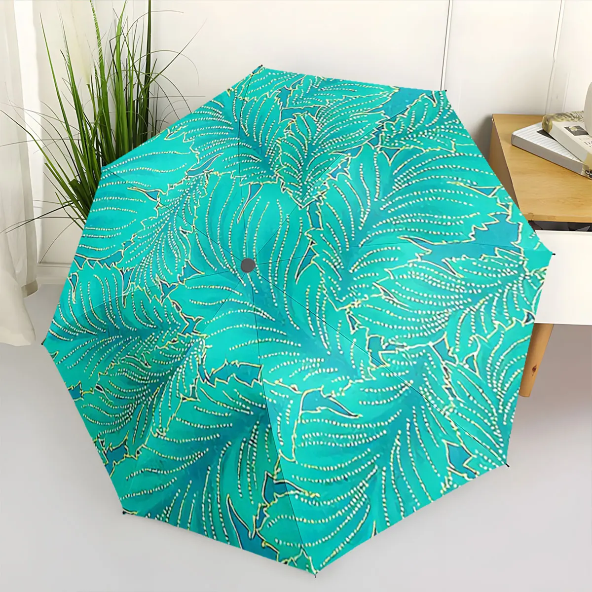 Tropical Leaf Pattern Green and Teal Umbrella Design portable waterproof sun rain umbrella for outdoor travel beach