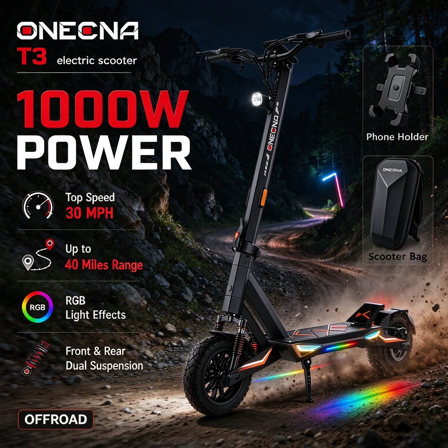 ONECNA T3por T3 1500W 1000W Motor Electric Scooter for Adults, 30mph Top Speed, 40Miles Long Range, Lightweight Foldable Frame, Dual Suspension, 10 Inch Fat Tires E-Scooter