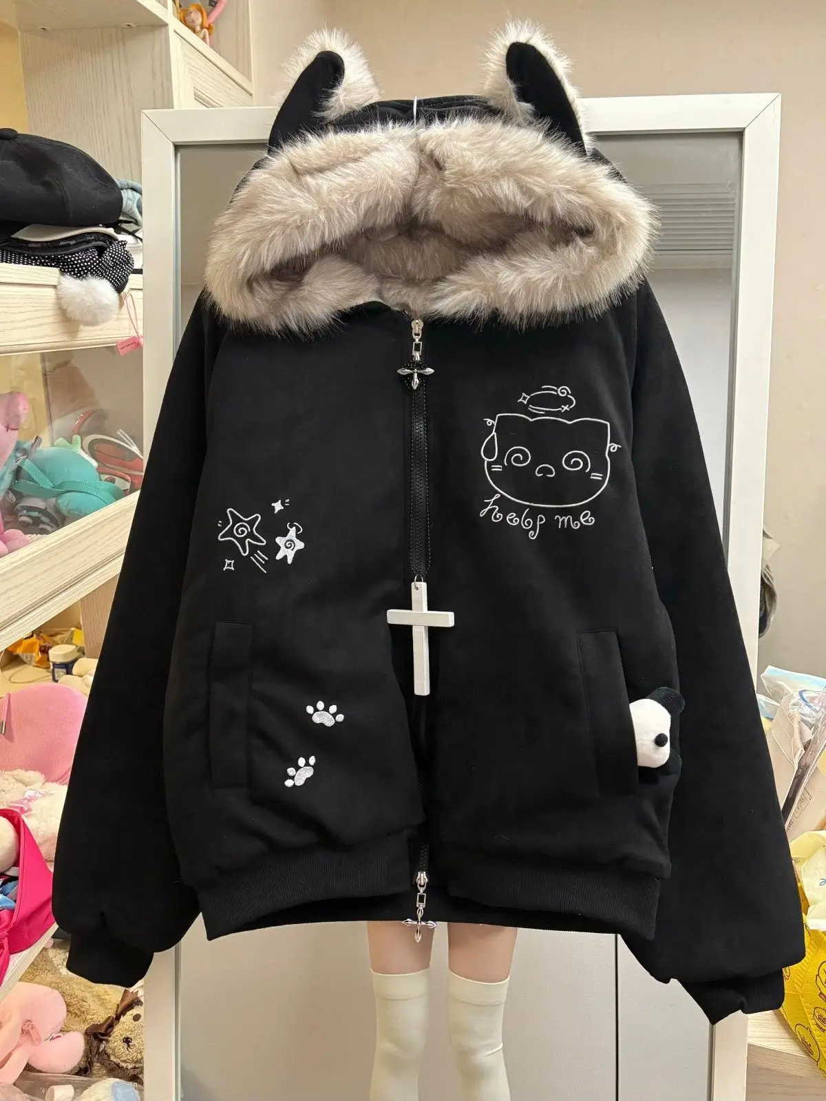 Japanese Subculture Cute Faux Fur Collar Thickened Cotton Padded Jacket Cat Ears Kitten Embroidery Cotton Coat for Women