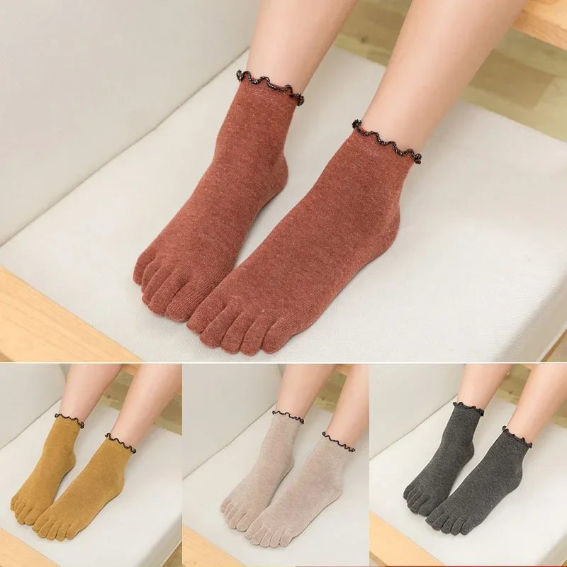 Socken für Damen, Baumwolle, Fünf-Finger-Rüschensocken, einfarbig, Zehensocken mit 5 Zehen, kurze Deodorant-Zehensocken mit Fingern, Soks Woman