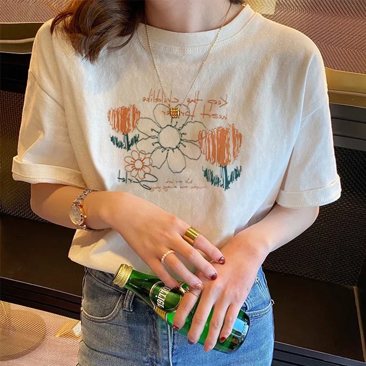 White Casual Ort Sve T-irt Women's Top Korean Sle Chic Round Ne Print Summer Irt Graphic T Shirts Summer Streetwear Harajuku Y2K