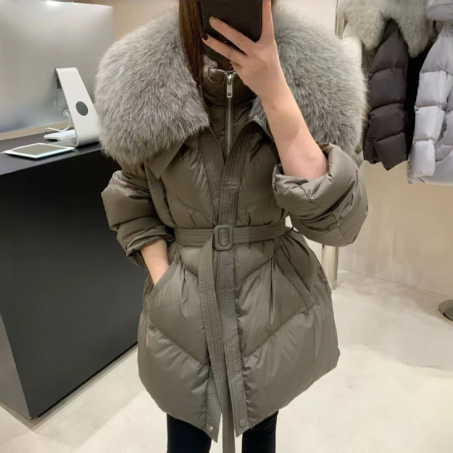 Chaqueta de plumón con piel Natural para mujer, cuello de piel de zorro auténtica, abrigos cortos cálidos de invierno de plumas de ganso, novedades de lujo