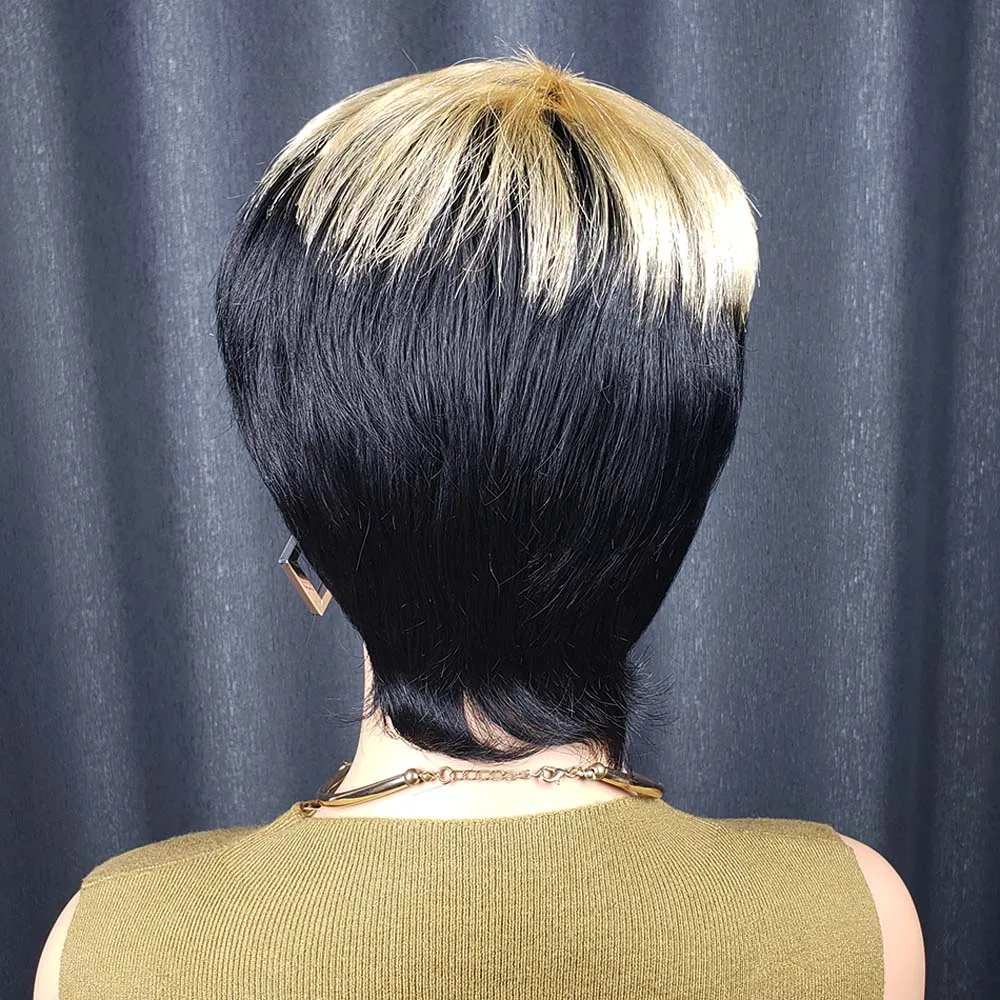 Parrucche per capelli umani con taglio pixie per donna Parrucche ondulate con taglio pixie a strati corti Parrucca brasiliana Remy diritta fatta a macchina Nera con bionda