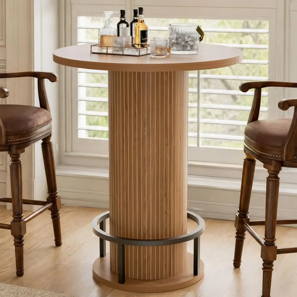 Round ar Tale, 39.4High Wood istro PuTale with Ring Metal ootrest or Small Space, Dining Cocktail Coee Living Room, Walnut(Only