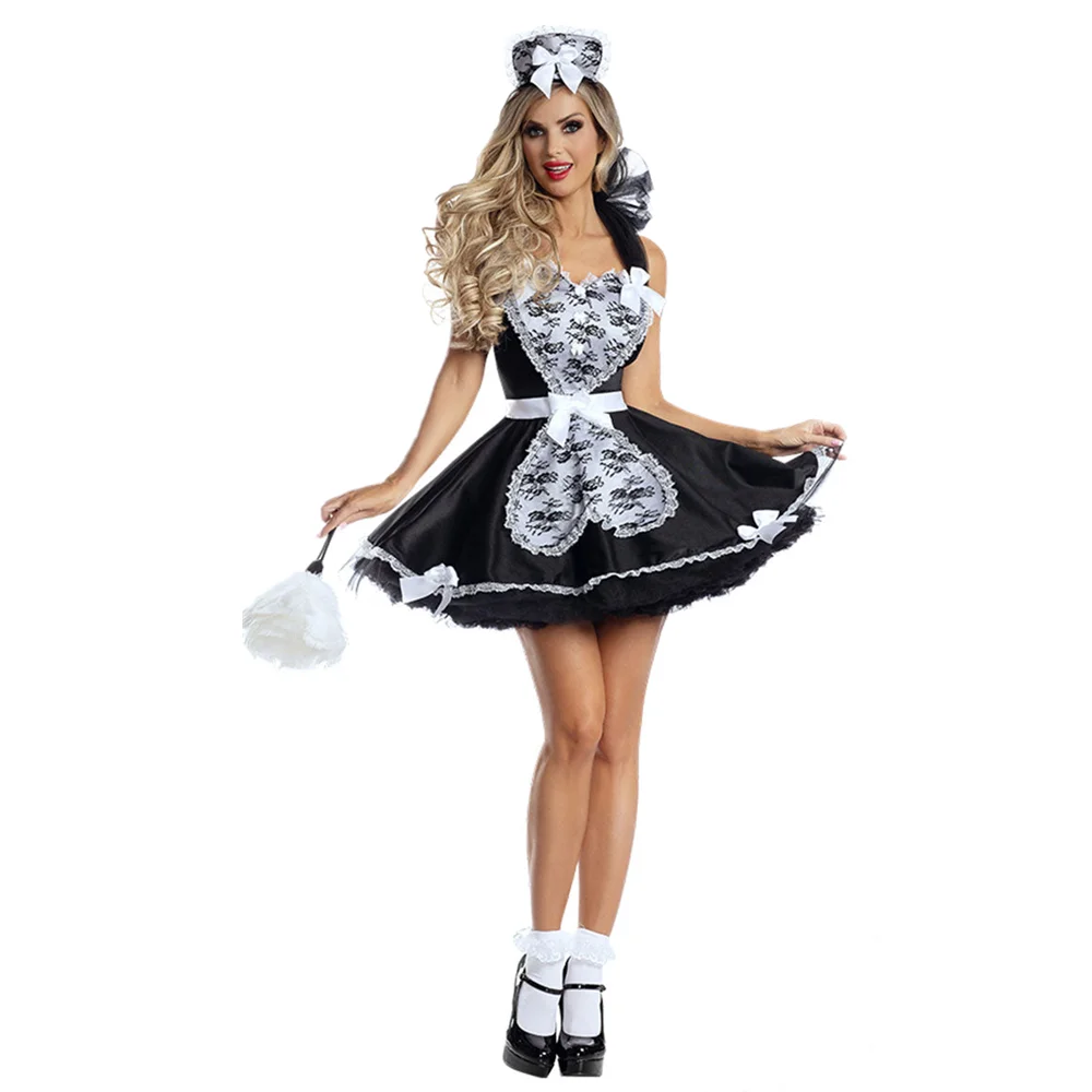 

Women's Sexy French Maid Costume Servant Cosplay Uniform Black White Lace Halterneck Mini Dress