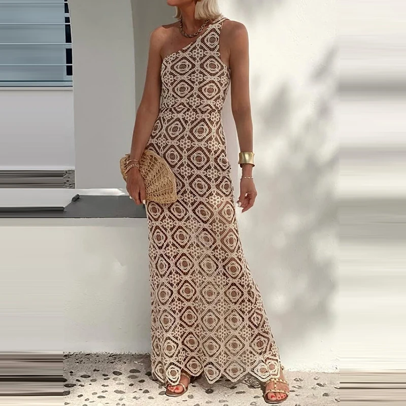 Abito lungo da donna alla moda senza schienale Abito lungo sexy con scollo a barchetta in pizzo scollato Abito aderente estivo senza maniche trasparente Abito da sera sottile