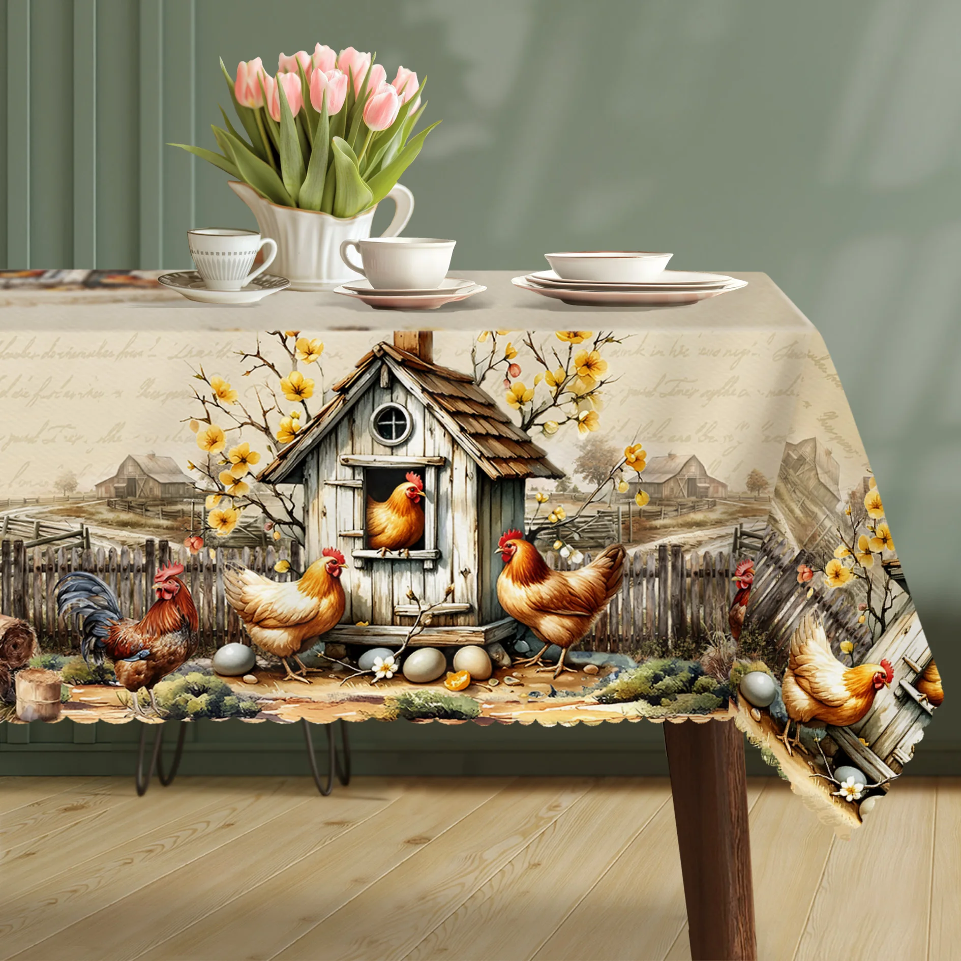 Country style tablecloth, featuring chicken coop, hens and roosters patterns.zyc