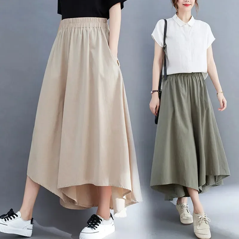 

Spring Summer New Plus Size Nine-Minute Pants Women Loose Fashion Pants Elastic Waist Wide Leg Pants Casual Pantskirt V1250