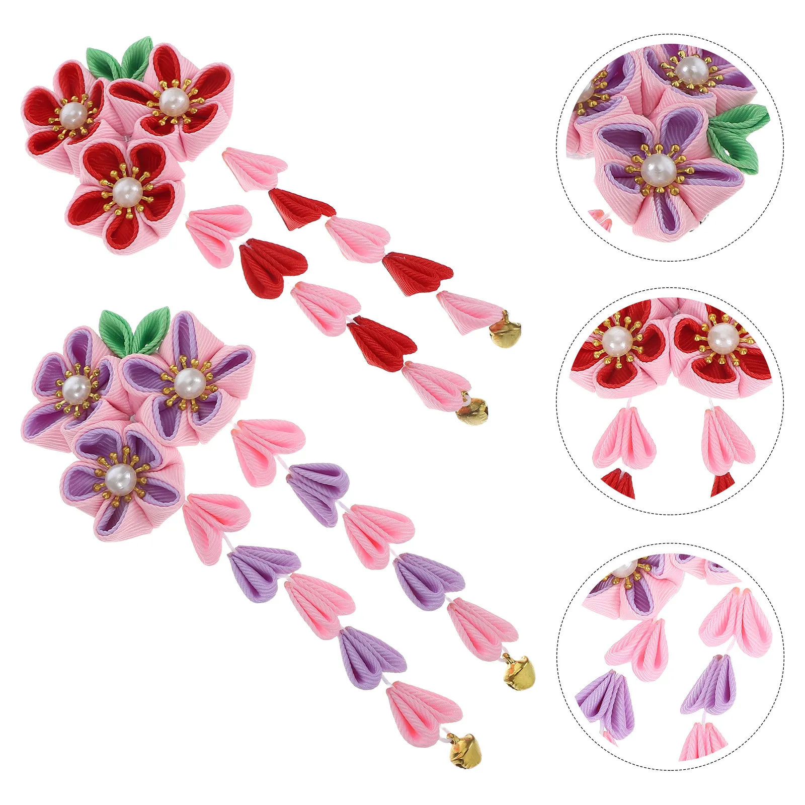 

2Pcs Chinese Style Hairpin Tassel and Kids Hair Clip Strong Grip for Birthday Party Daily Use Girl Gift Red Pink