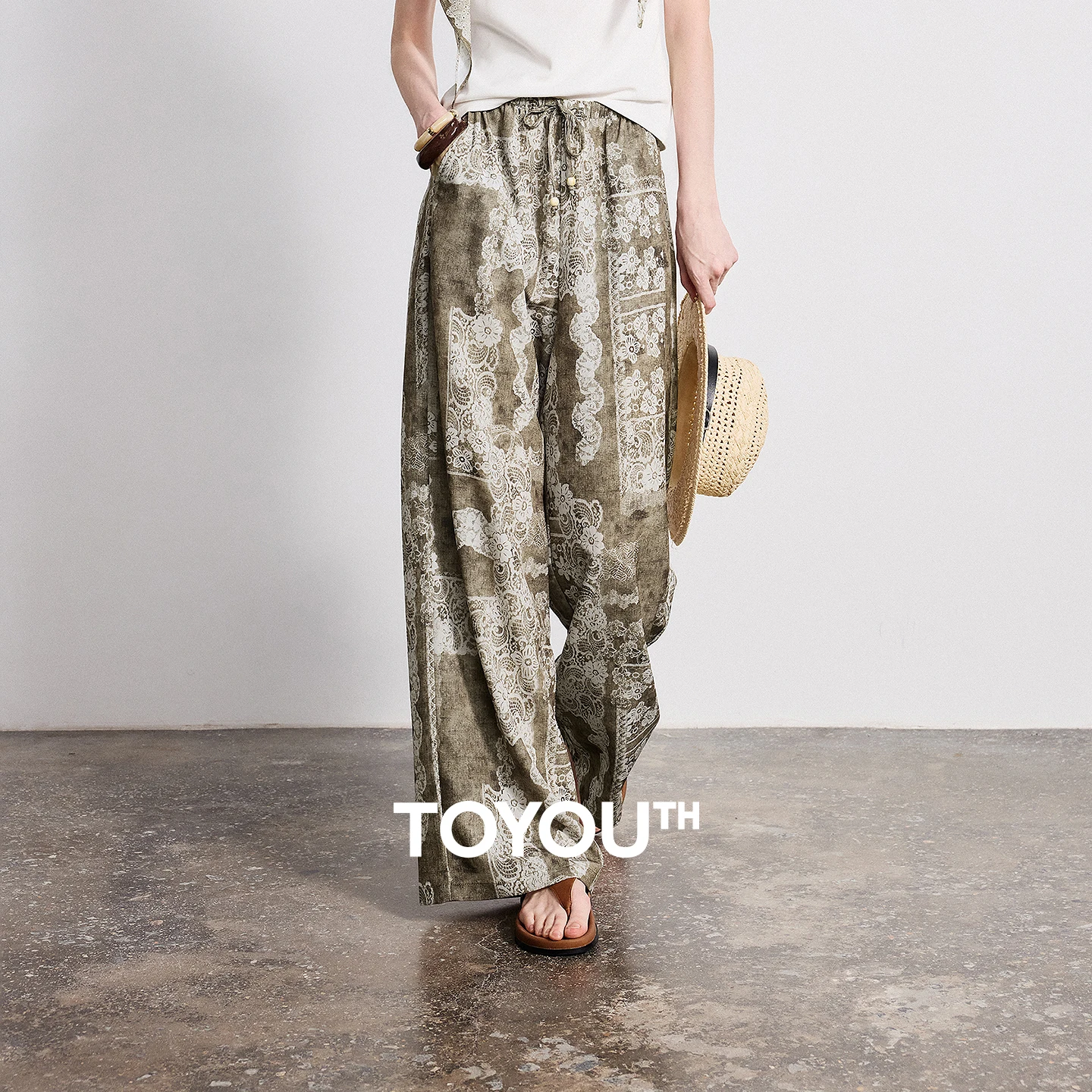 TOYOUTH Women Bohemian Vintage Printed Wide-Leg Pants 2026 Spring New Romantic Flowy Casual Trousers