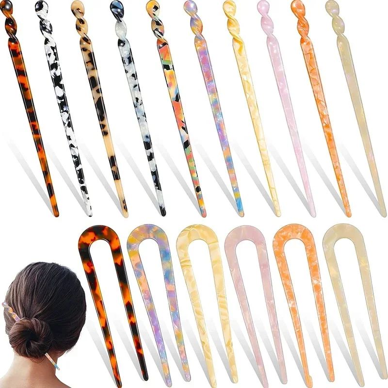 Acetate Hair Sticks U Shape Hair Forks Shell Styling Hairpins Leopard Print Hair Chopsticks Tortoise Shell Hair Pins