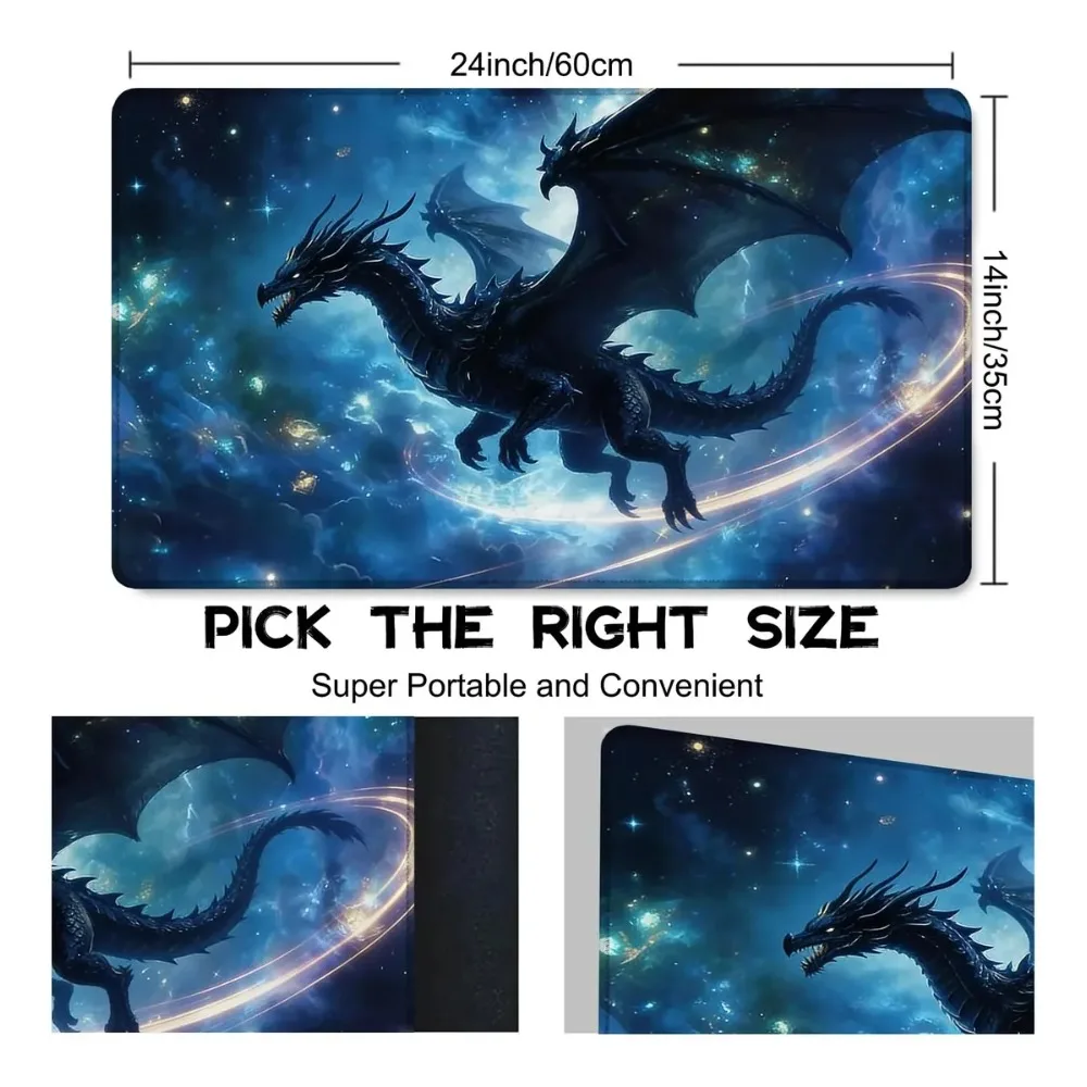 Dark Fantasy Black Dragon TCG Playmat Cosmic Galaxy Space Background Epic Magic Art Flying Mythical Creature Non‑Slip Desk Mat