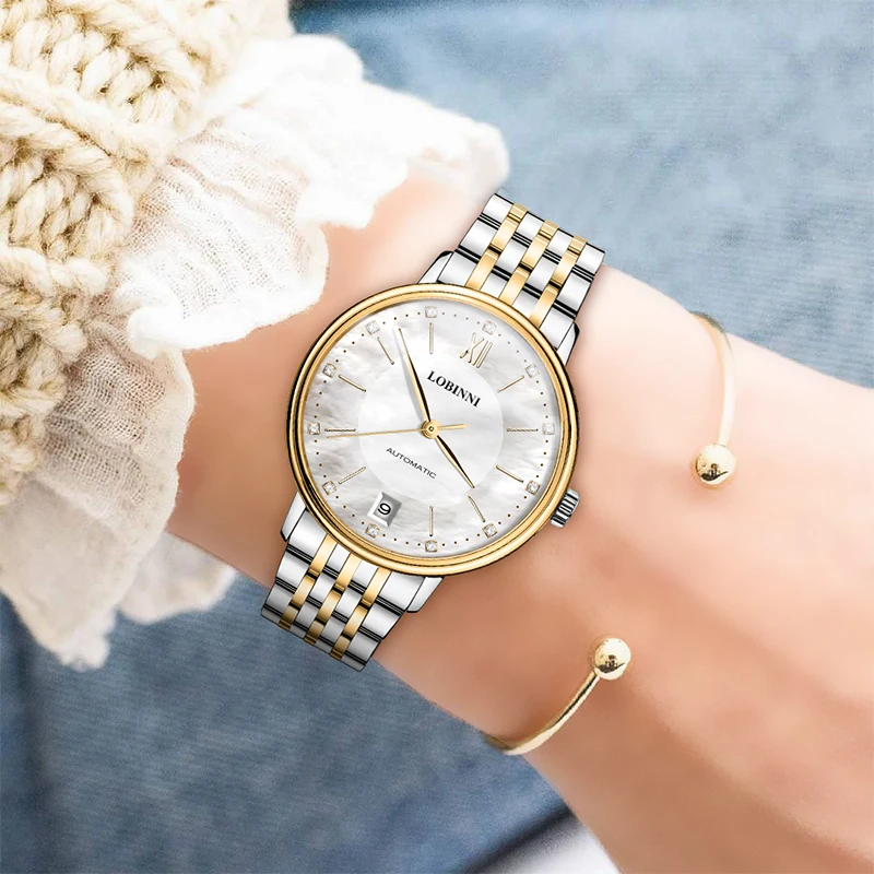 LOBINNI 33.5 مللي متر ساعة معصم سيدة ميوتا 8215 حركة أوتوماتيكية رقيقة فستان فاخر 5Bar ساعات مقاومة للماء