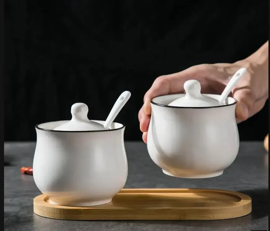

Ceramic Seasoning Bottle Sugar Salt Bowl Box Set With Spoon+Bamboo Stand Kitchen Storage Jar