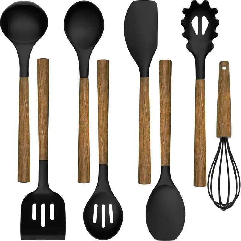 Silicone Cooking Utensil Set, 8-Piece Kitchen Set with Natural Acacia Wooden Handles,Silicone Heads-Silicone