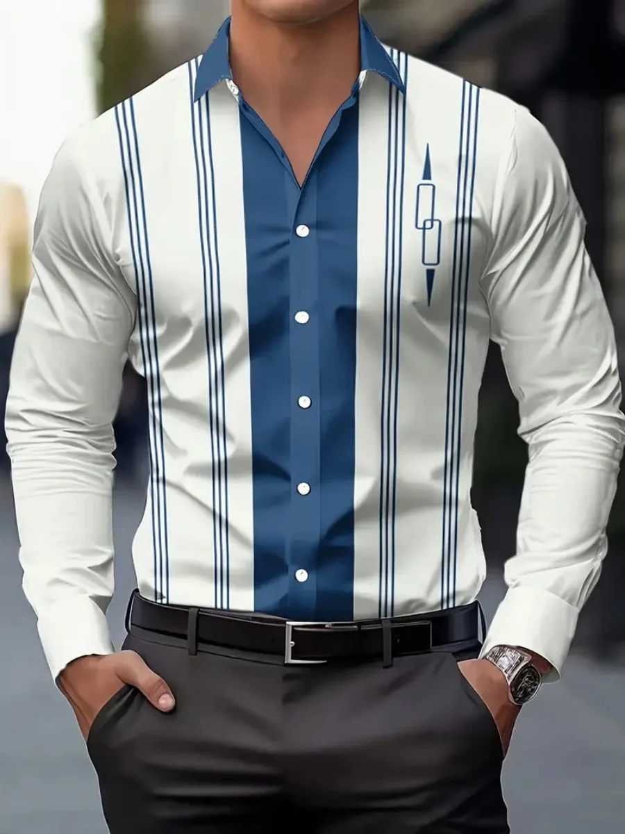New men's striped business blazer  Men's casual fashionable long-sleeved shirt  Collar office casual button-down shirt