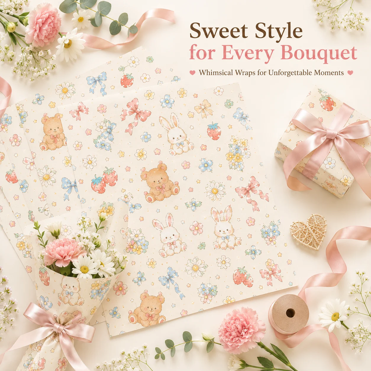 Custom Floral Wrapping Paper Flower Bouquet Wrap, Elegant Rose Pattern Gift Packaging Sheet for Wedding Party Birthday Decoratio