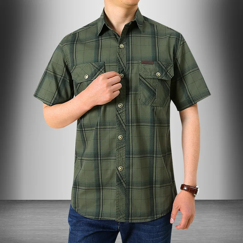 High Quality Men\'s Plaid Shirts Cotton Short Sleeve Shirt 5XL Oversized Pure Cotton Hawaiian Shirt Men Clothing A2F5002