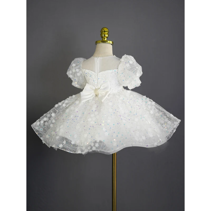 Vestido de flores con lentejuelas brillantes para niños, vestido de fiesta de cumpleaños con apliques de cuentas, hasta la rodilla, manga abombada con lazo