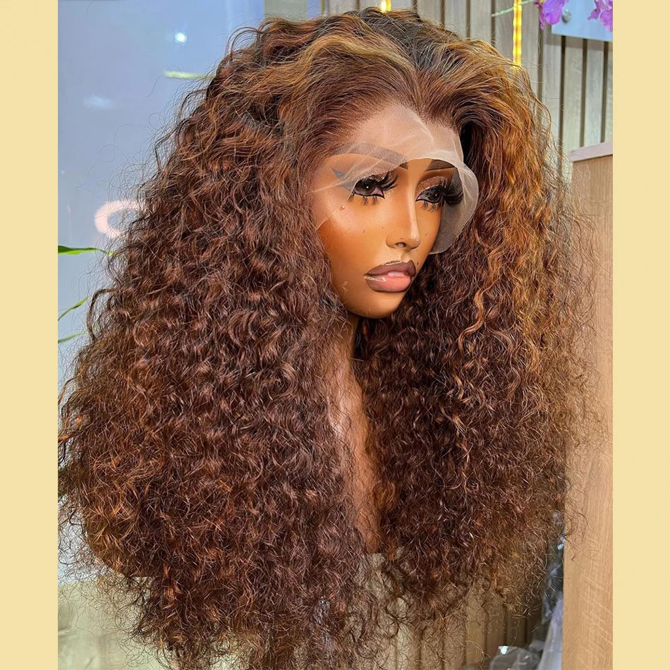 Long Blonde Brown Kinky Curly Lace Front Wig para mulheres negras, cabelo macio do bebê, resistente ao calor, pré-arrancadas, Glueless, 180 Densidade, 26"