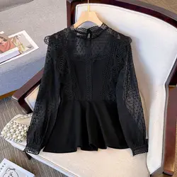 Blusa de gasa con encaje para mujer, camisa holgada de manga larga con cuello redondo, Color sólido, a la moda ropa elegante, Color negro, novedad de primavera