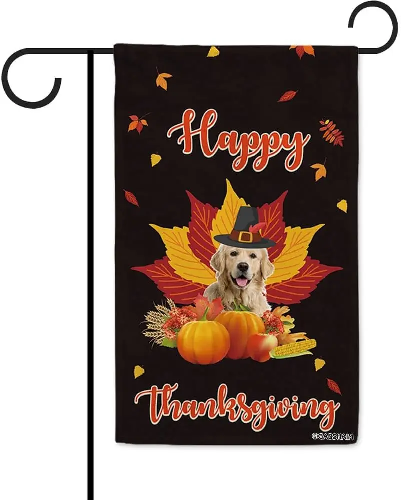 Happy Thanksgiving Day With Dog Pet Golden Retriever Garden Flag Harvest Season Pumpkin Maple Leaves Autumn Fall Decor Home Bann