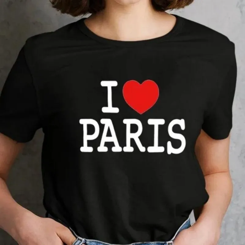 

Женская футболка с забавным принтом I Love Paris, летние топы с короткими рукавами, черно-белые цвета, футболка для девочек Y2k, одежда в стиле Харадзюку