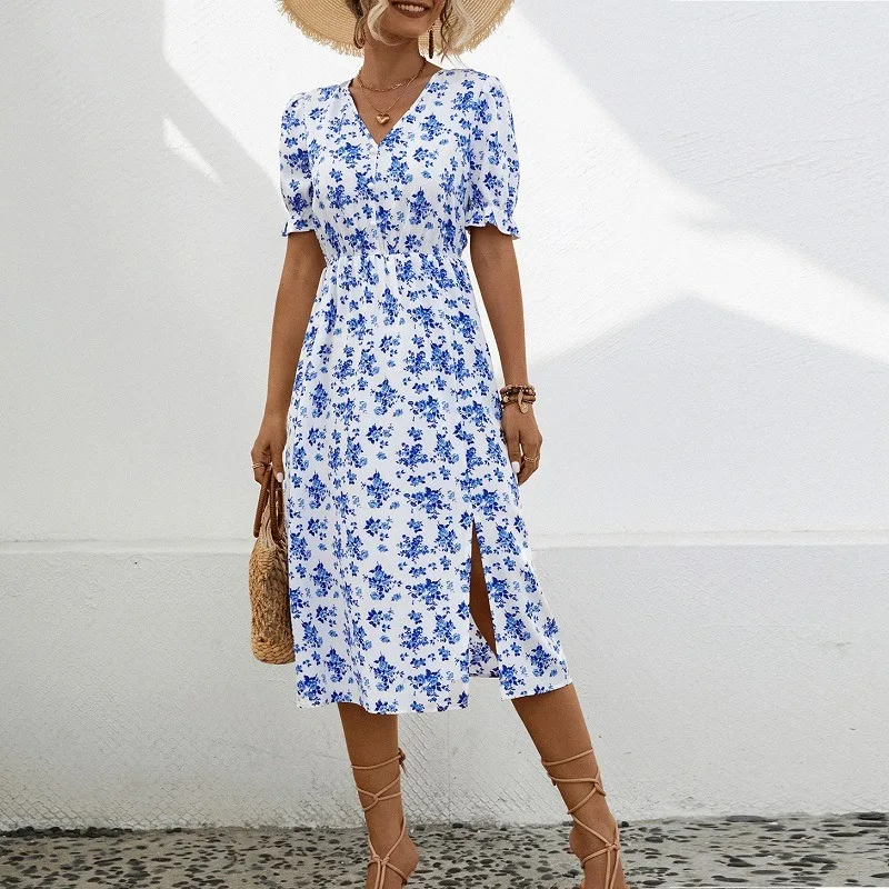 

Fashion elegant floral prints Dresses Summer Women's Dress 2024 New Skinny High Waist V-neck Short Puff Sleeve Midi split dress