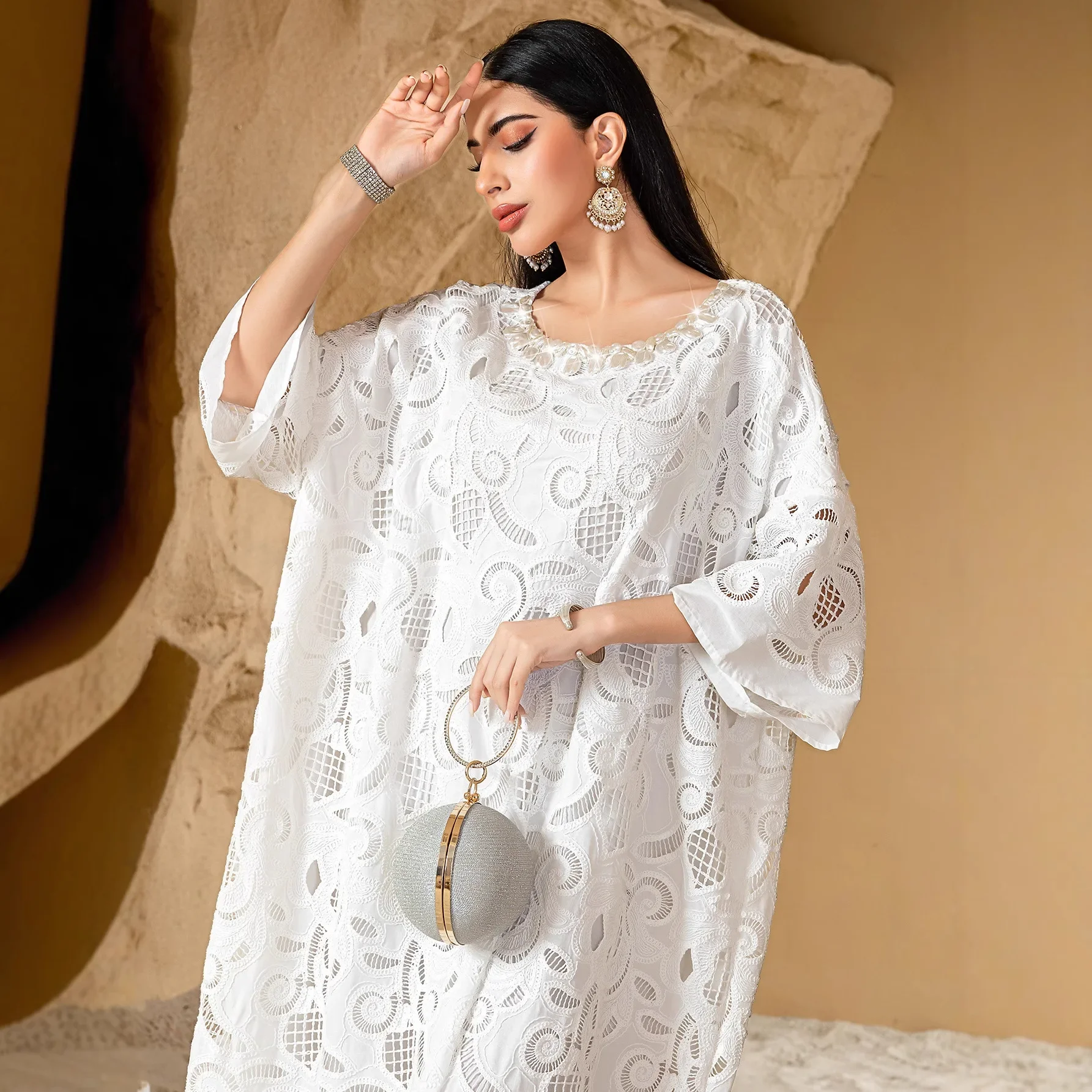 White Embroidery Abayas Women Elegant Muslim Dress Dubai Abbayas Morocco Kaftan Eid Djellaba African Boubou Robe Islam Jalabiya