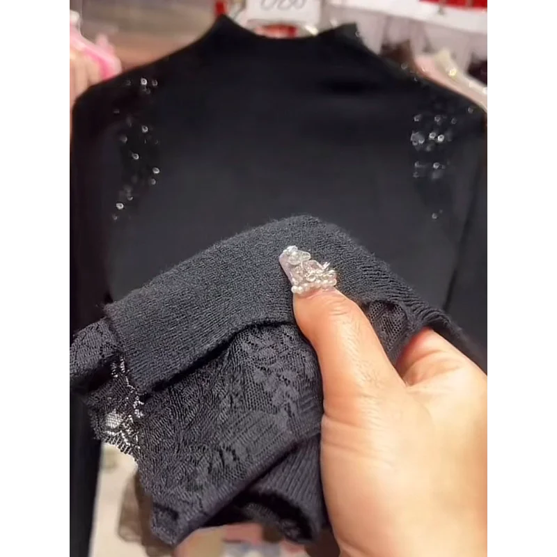 เสื้อสเวตเตอร์ถักคอเต่าครึ่งตัว แต่งผ้าลูกไม้ลายเพชร สำหรับผู้หญิง ฤดูใบไม้ร่วงและฤดูหนาว รุ่นใหม่ ดีไซน์อเนกประสงค์