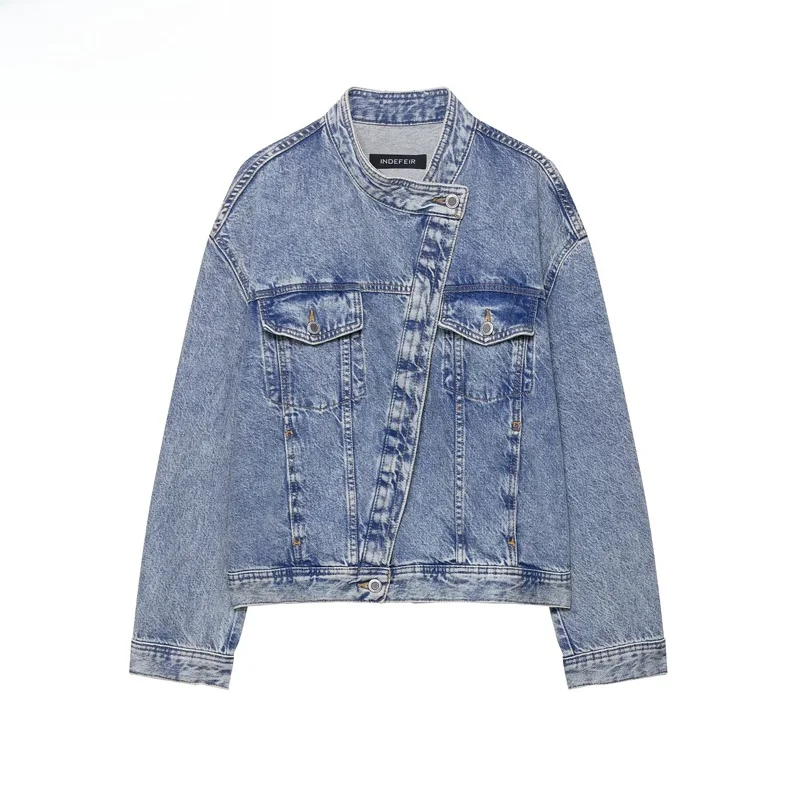 

ZBZR Spring New Women's Faion Simple Double Closure Denim Jaet 9632243 Polyester Fiber 00% Ladies' ort Outerwear