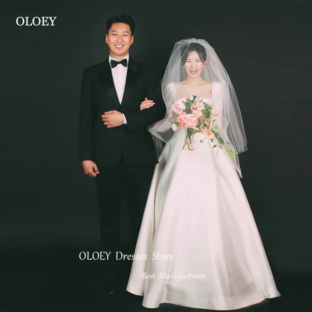 OLOEY 심플 빈티지 A 라인 한국 웨딩 드레스, 긴 소매 스퀘어 넥, 바닥 길이 신부 가운, 무료 베일, 맞춤 제작