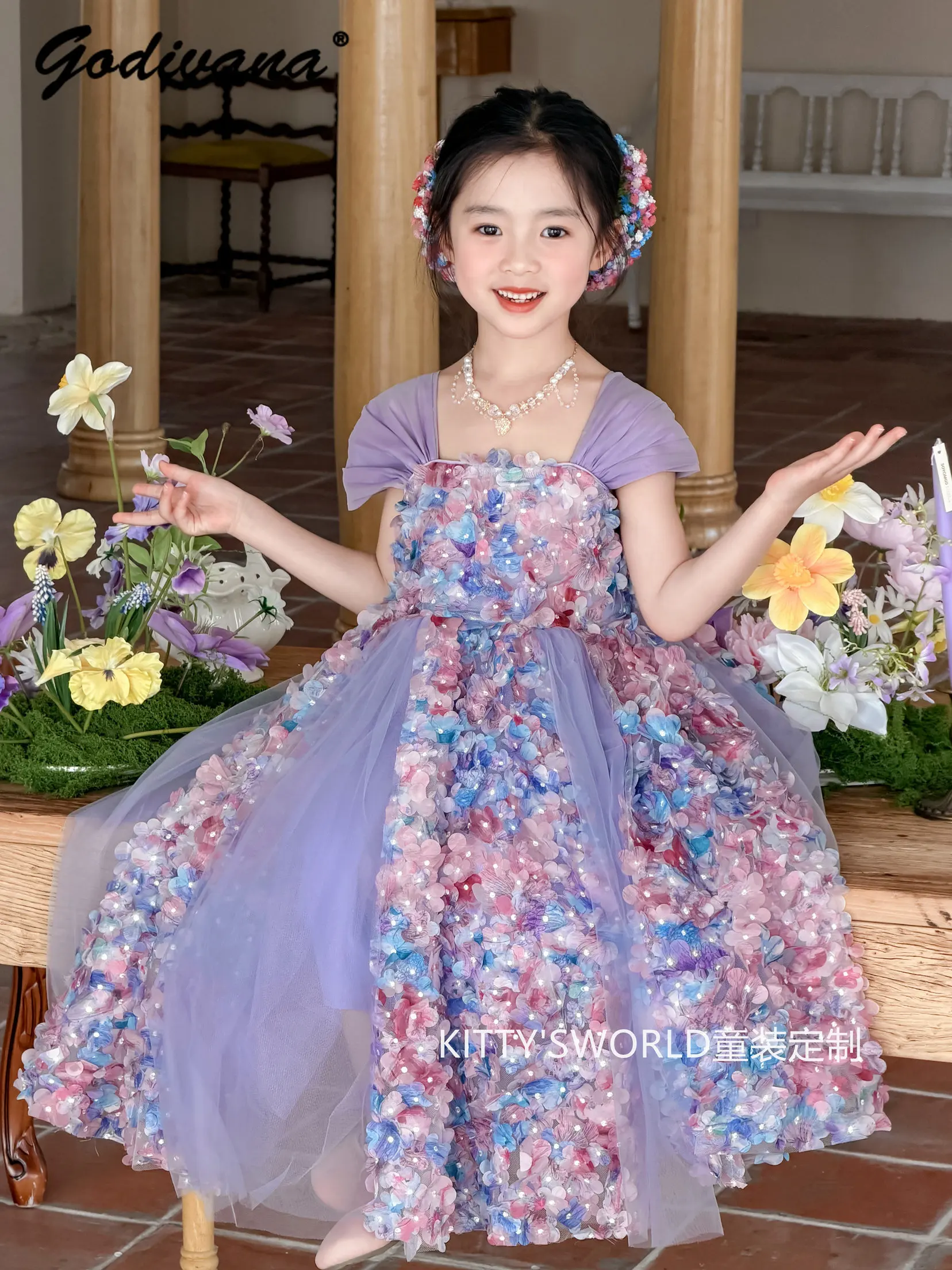 Sweet Baby Girls Elegant Purple 3d Floral Gauze Princess Suspender Dress Kids 2026 Summer New Tulle Birthday Party Casual Dress
