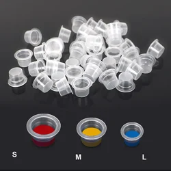 Vasos de tinta desechables para tatuaje, recipiente transparente para pigmento, tapa, accesorio para maquillaje permanente, S/M/L, 100 piezas