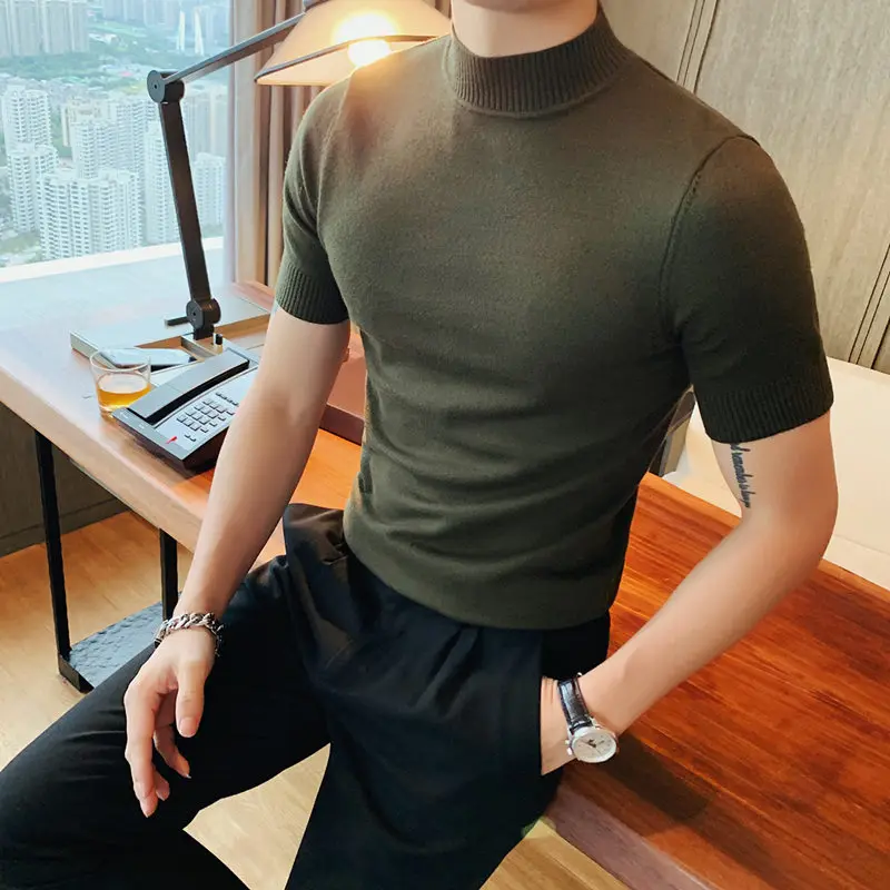 High Quality Men Half Turtleneck Knitted T Shirts Mens Autumn Short Sleeve Slim Fit Solid Pullovers Casual Stretched Sweater Tee