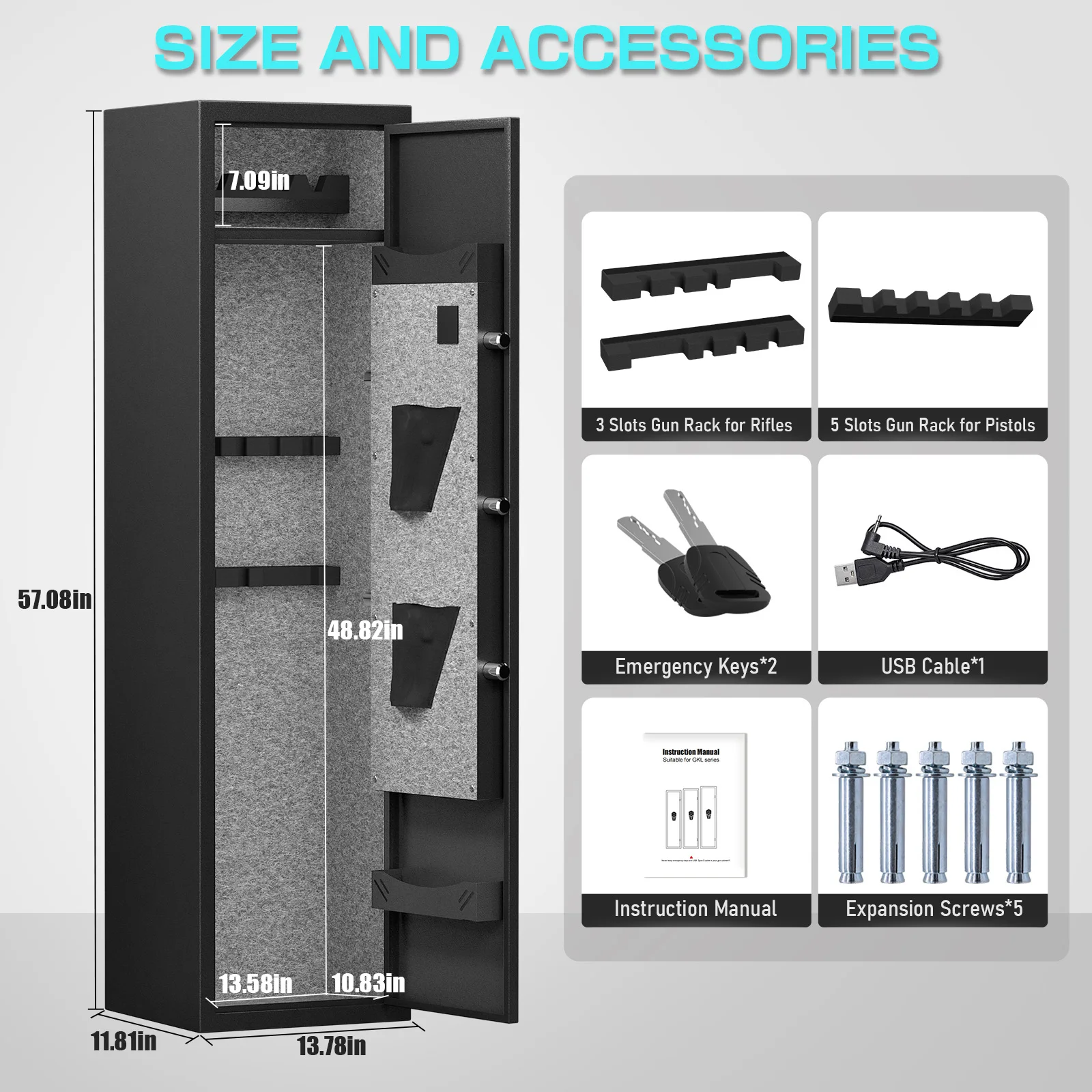 Cofre para rifle de acesso rápido com modo silencioso, seguro para armas para rifles e pistolas com prateleira removível e slots para armas ajustáveis