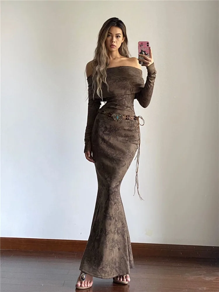 Fashion Brown Off Shoulder Dress for Women Summer Slim Waist Bodycon Fish Tail Dresses Y2k E-Girl Long Sleeve Vestidos Mujer