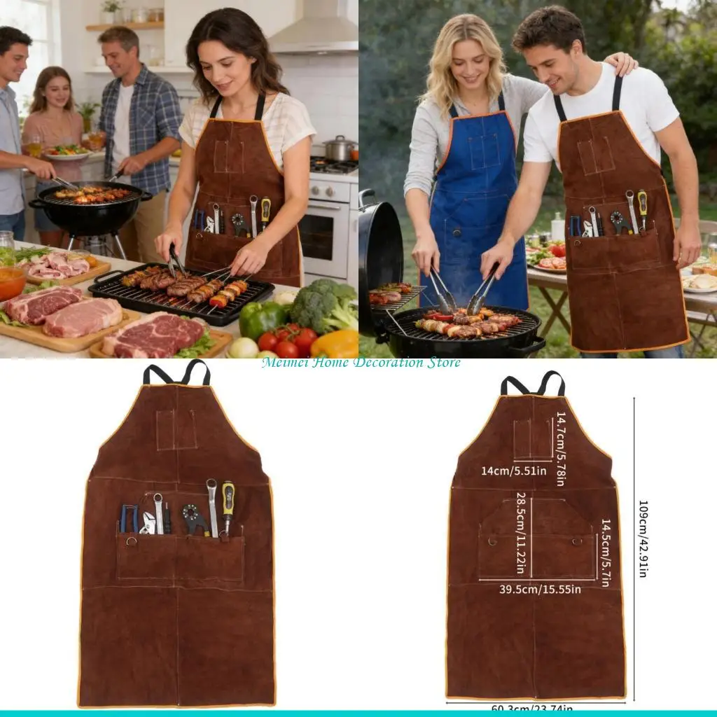 

H7BF Leather Smock for Grilling and Welding Security Includes Multiple Tool Pouches Tall Quality Leather Substance Unisex Fit