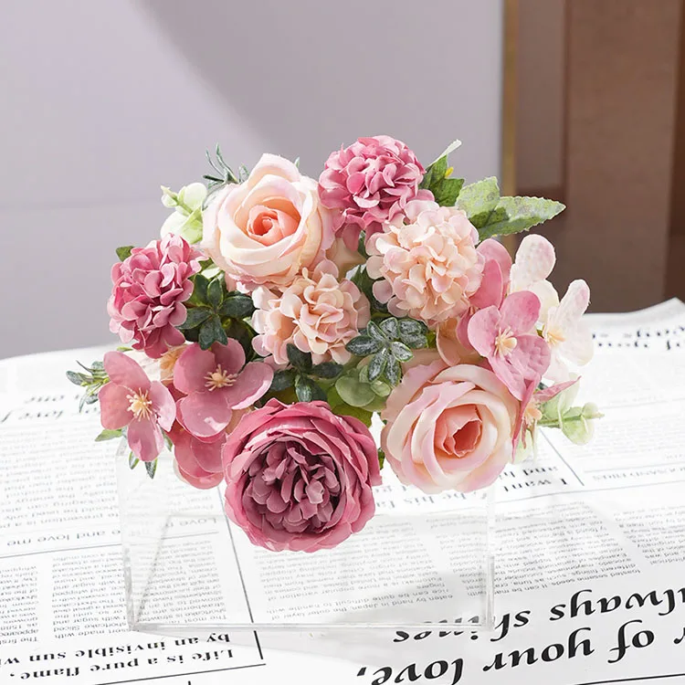 Künstliche Pfingstrose, Hortensien, rosa Rosen, Blumenstrauß, Seidenblumen für Hochzeit, Party, Blumenstrauß, gefälschte Blumenarrangements, Heimdekoration – Detail 6