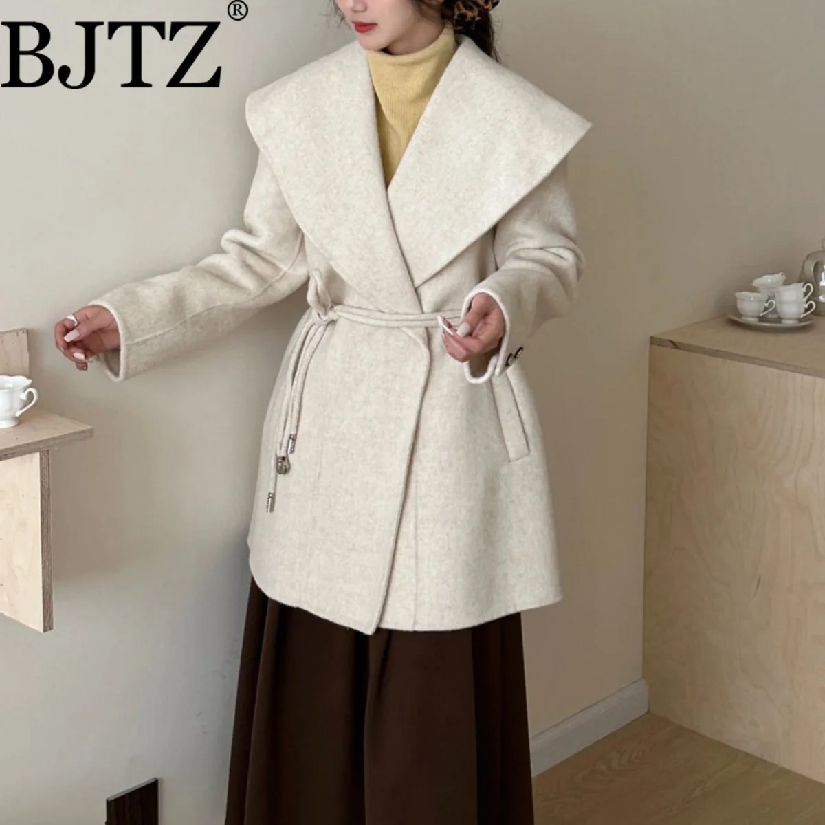 

BJTZ осень-зима новое двустороннее шерстяное пальто ручной работы с капюшоном свободная короткая куртка женское универсальное пальто свободный стильный пиджак