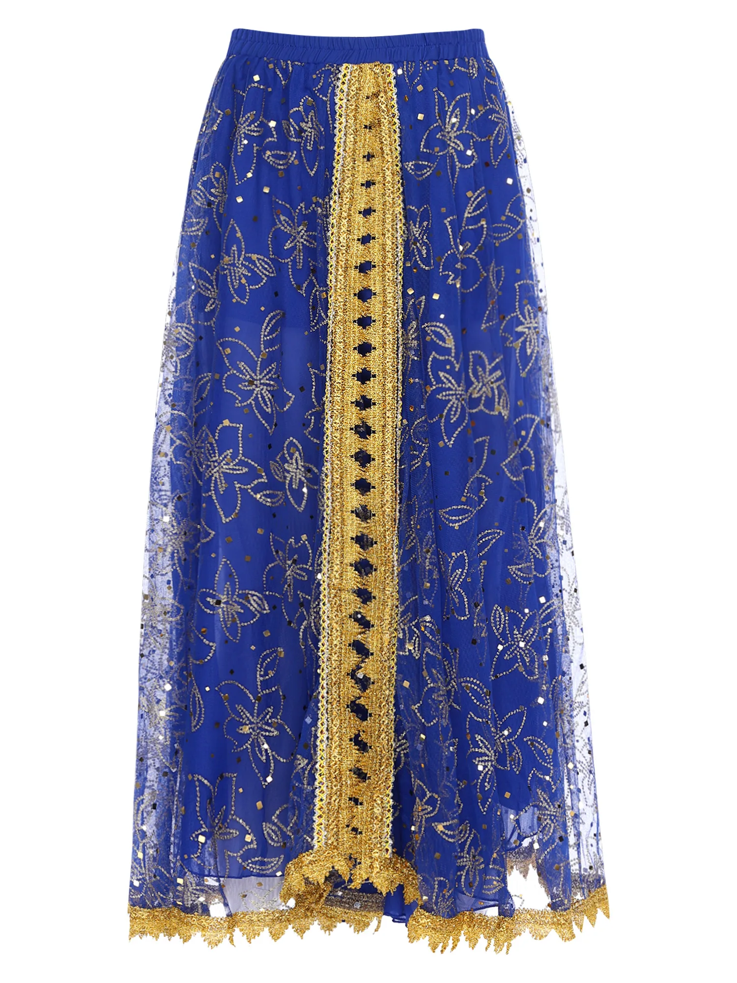 

Women Elegant Belly Dance Skirt Shiny Mesh Gold Trim Tiered Skirt Elastic Waist Swing Skirt Folk Modern Dance Performance Outfit